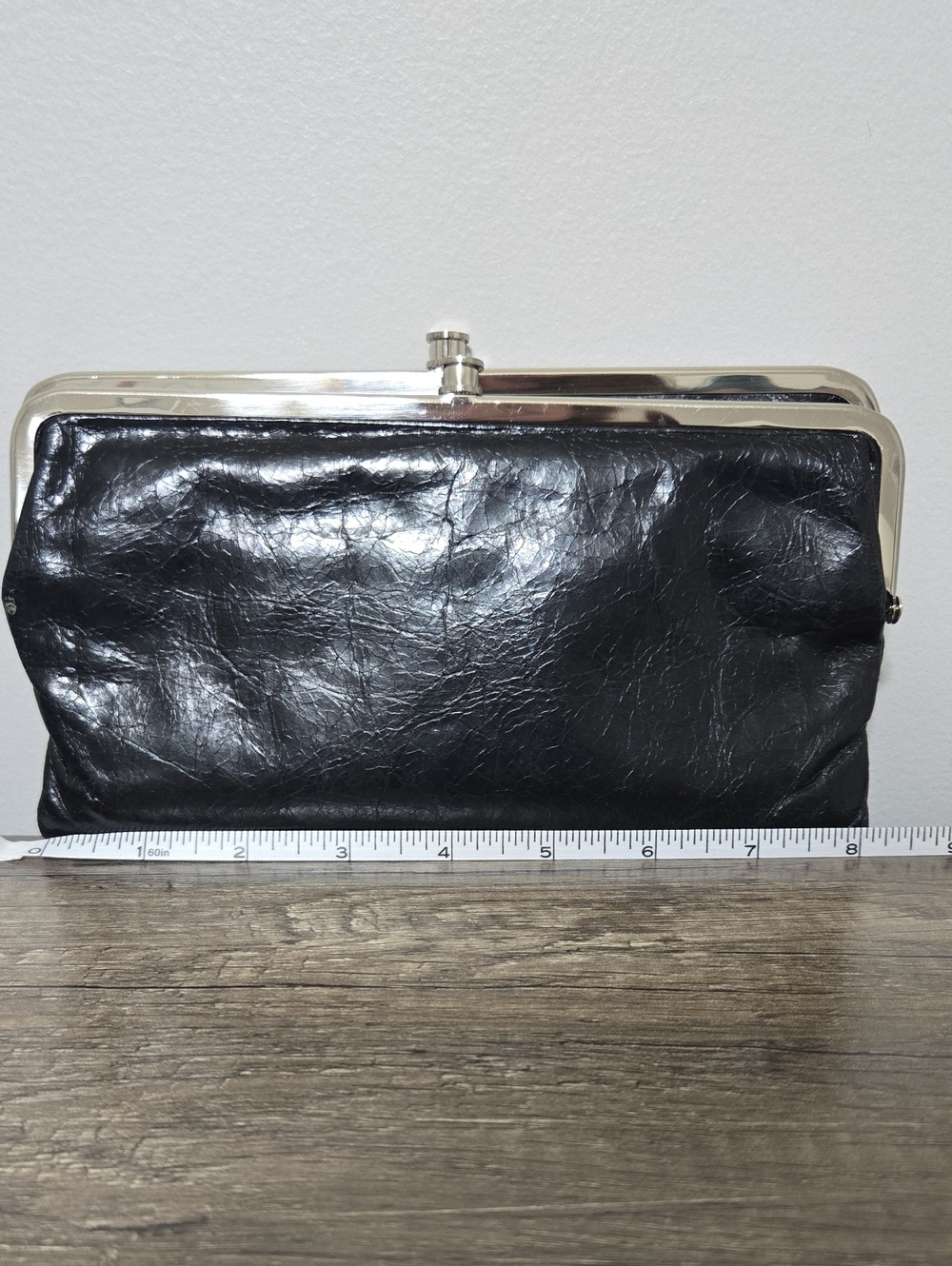 Black Leather-Style Clutch Wallet with Silver Frame and Kiss-Lock